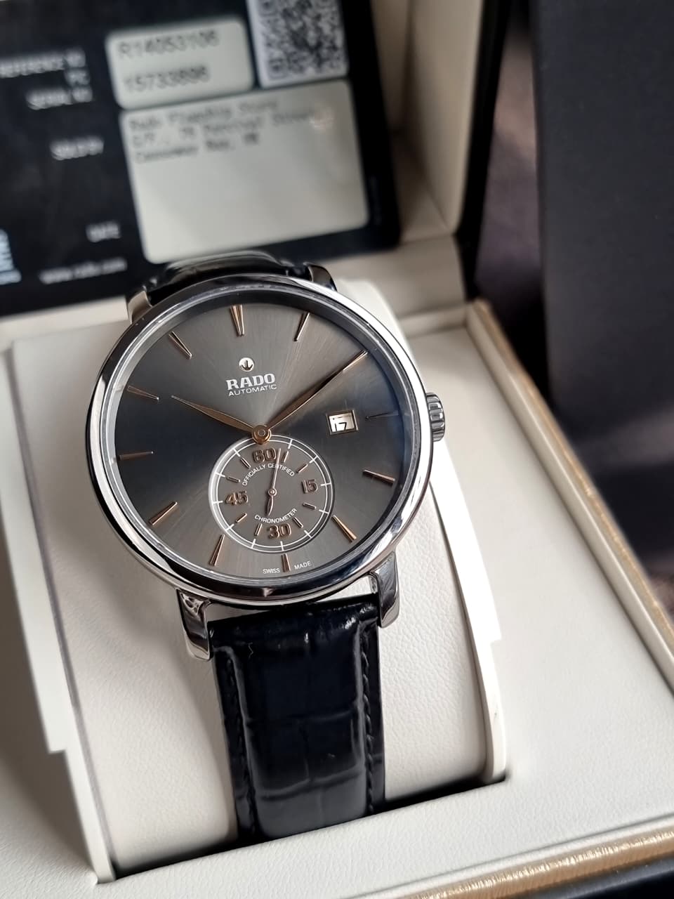 Rado DiaMaster Automatic Petite Seconde Men's COSC Watch – 43mm Black Dial & Black Leather R14053106
