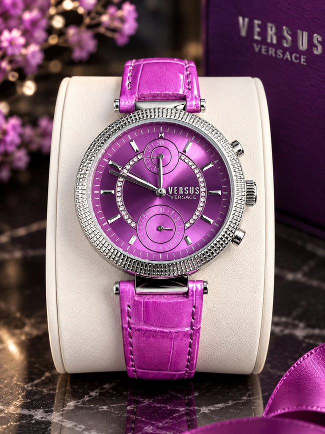 Versus Versace Cosmograph Ladies Watch 38mm Dial Purple Leather Strap  Quartz Watch Hover Image