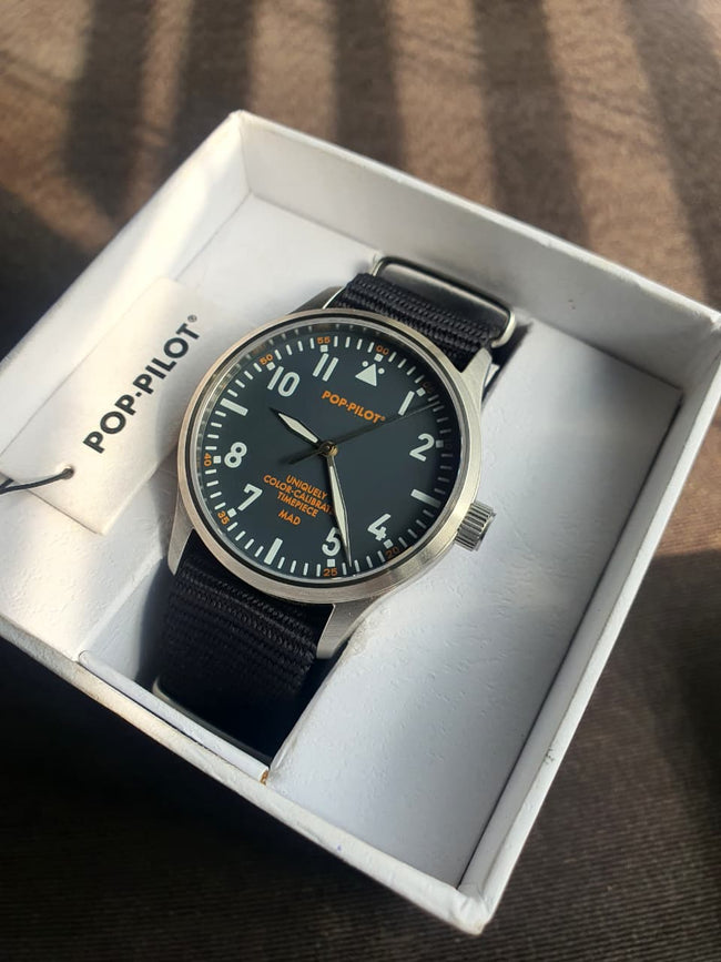 POP-PILOT Unisex Quartz Pilot Watch – 42mm Stainless Steel Case & Black Nylon Strap Hover Image