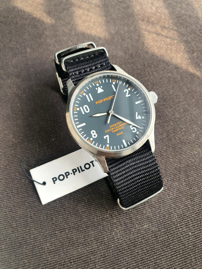 POP-PILOT Unisex Quartz Pilot Watch – 42mm Stainless Steel Case & Black Nylon Strap Main Image