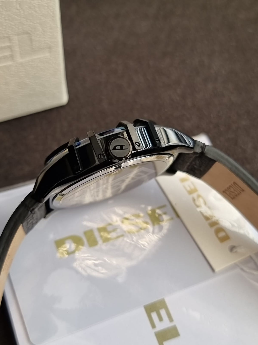 Diesel Caged Three-Hand Black Leather Watch DZ1948