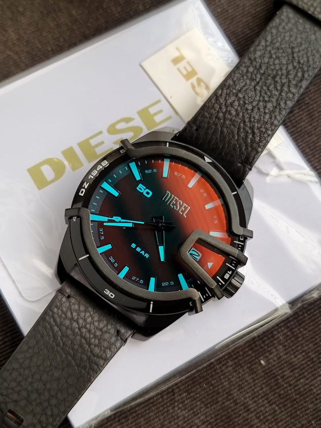 Diesel Caged Three-Hand Black Leather Watch DZ1948 Hover Image