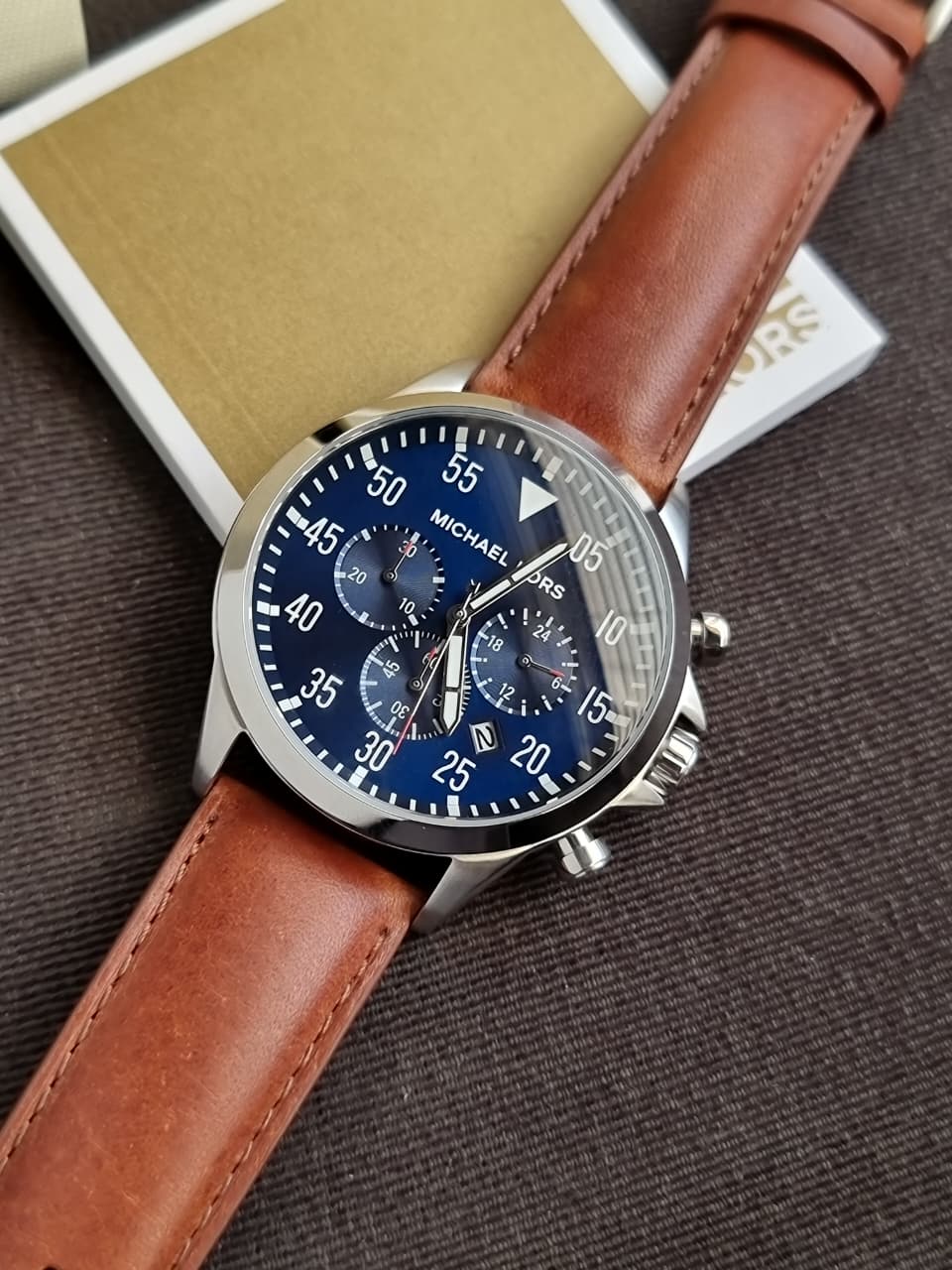 Michael Kors Men’s Chronograph Quartz Leather Strap Blue Dial 45mm Watch MK8362