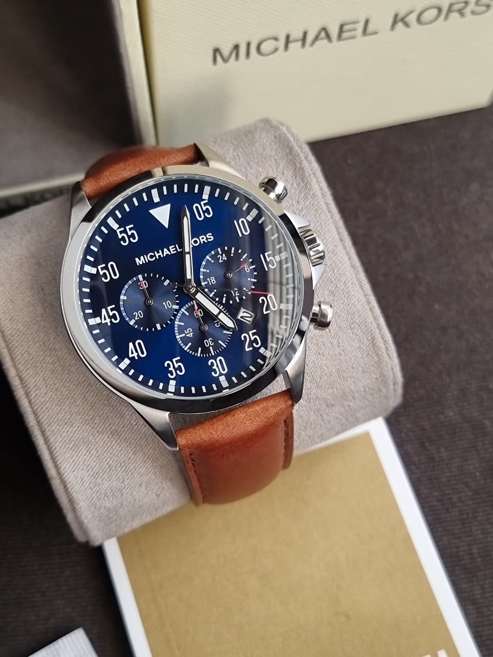 Michael Kors Men’s Chronograph Quartz Leather Strap Blue Dial 45mm Watch MK8362