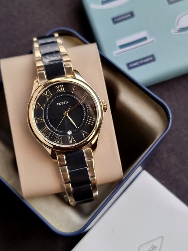 Fossil Gilmore Women's Quartz Watch – 38mm Gold-Tone & Black Ceramic CE1132 Main Image
