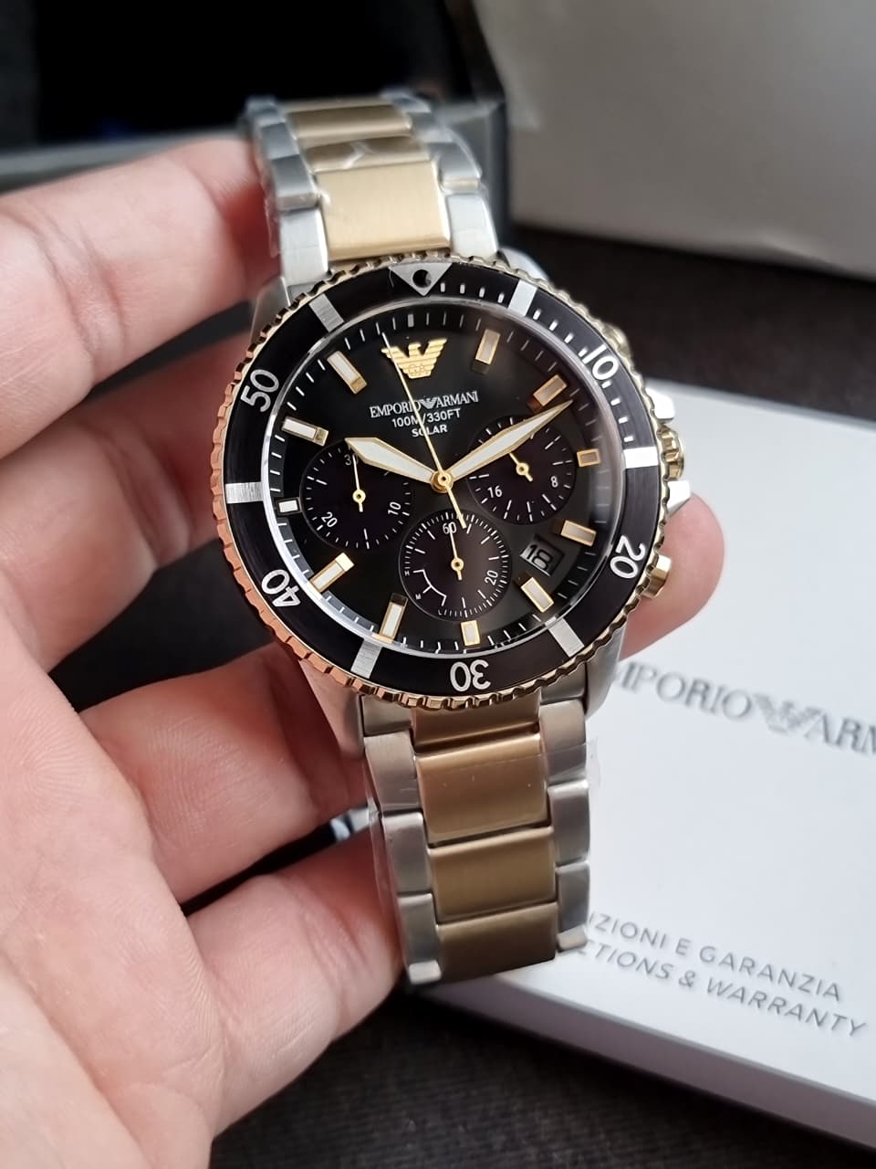 Emporio Armani World Explorer Men's Solar Chronograph Watch – Black Dial Two-Tone Stainless Steel – AR11680