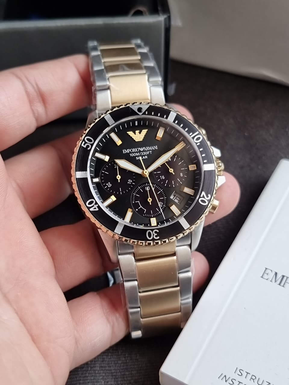 Emporio Armani World Explorer Men's Solar Chronograph Watch – Black Dial Two-Tone Stainless Steel – AR11680