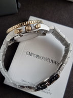 Emporio Armani World Explorer Men's Solar Chronograph Watch – Black Dial Two-Tone Stainless Steel – AR11680