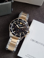 Emporio Armani World Explorer Men's Solar Chronograph Watch – Black Dial Two-Tone Stainless Steel – AR11680