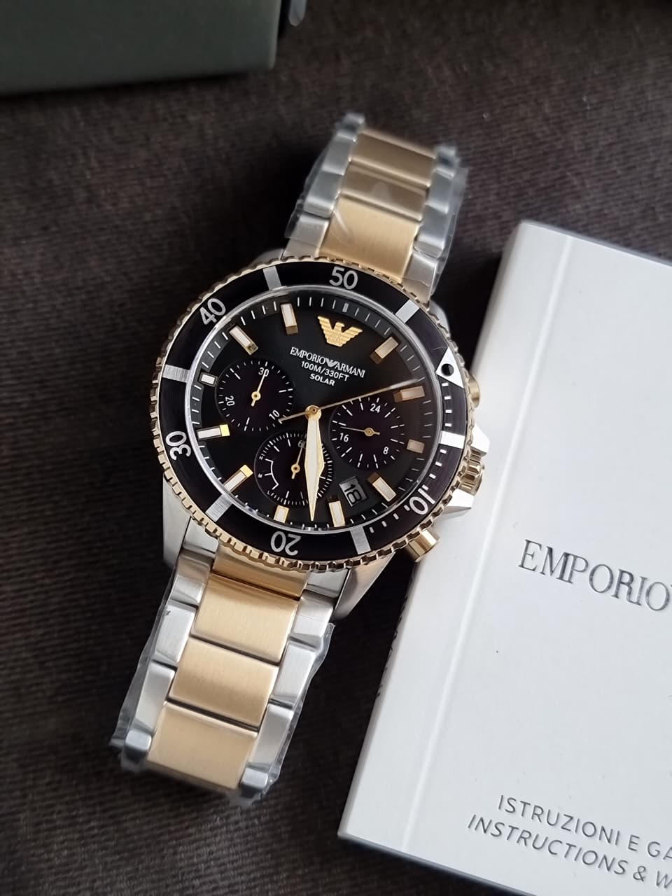 Emporio Armani World Explorer Men's Solar Chronograph Watch – Black Dial Two-Tone Stainless Steel – AR11680
