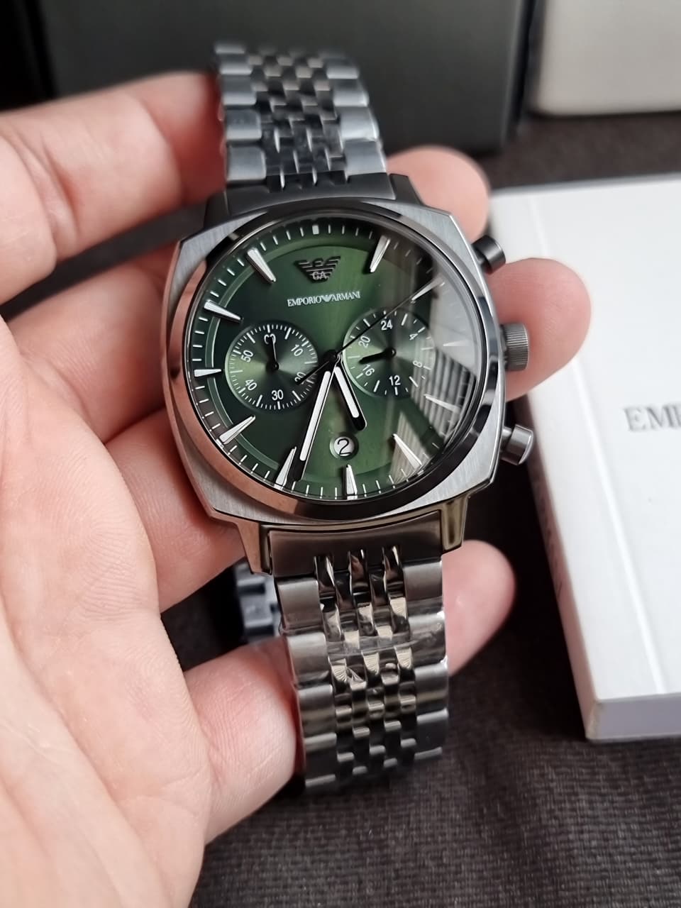 Emporio Armani Ruggero Men's Chronograph Quartz Watch – Gunmetal Stainless Steel & Green Dial – AR11689