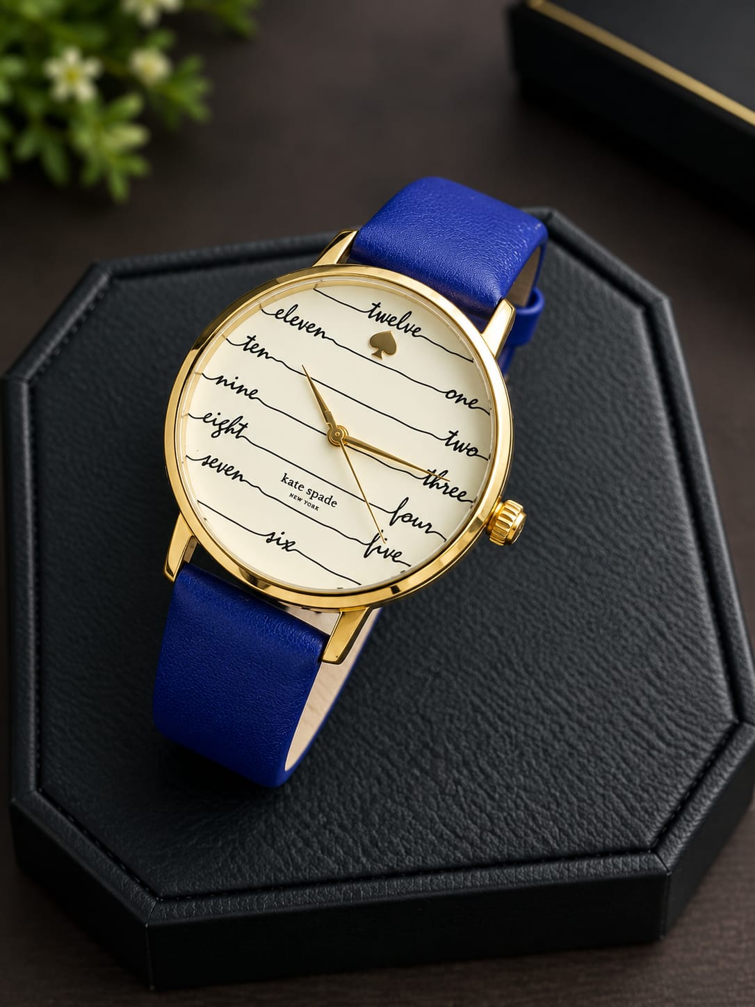 Kate Spade New York Metro Women's Quartz Watch – 34mm Beige Dial & Blue Leather Strap – KSW1238
