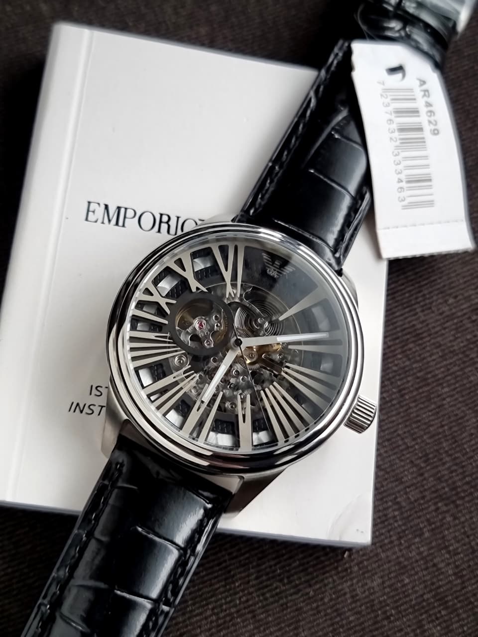 Emporio Armani Meccanico Men's Automatic Skeleton Watch – 45mm Stainless Steel & Black Leather – AR4629