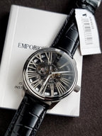 Emporio Armani Meccanico Men's Automatic Skeleton Watch – 45mm Stainless Steel & Black Leather – AR4629
