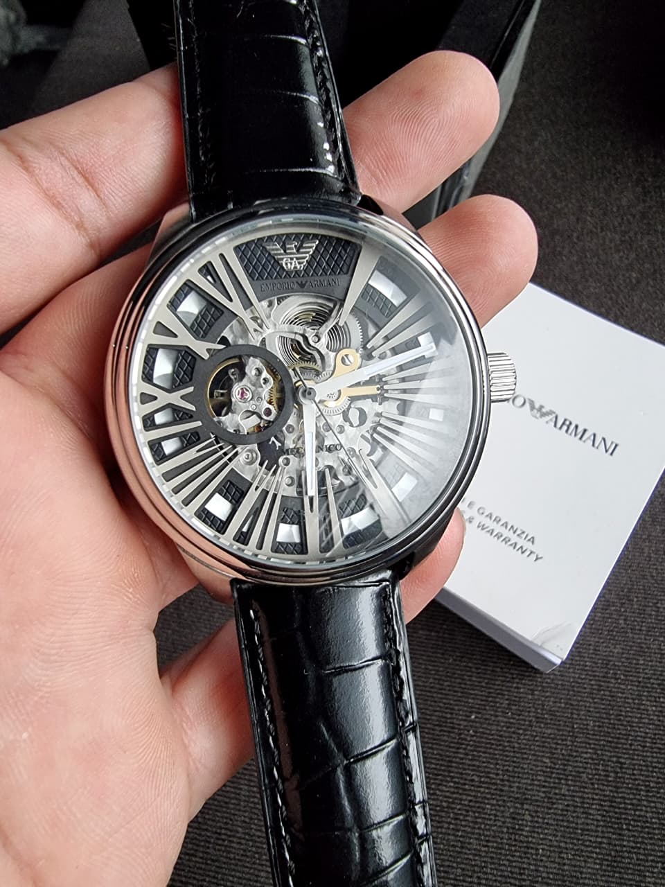 Emporio Armani Meccanico Men's Automatic Skeleton Watch – 45mm Stainless Steel & Black Leather – AR4629