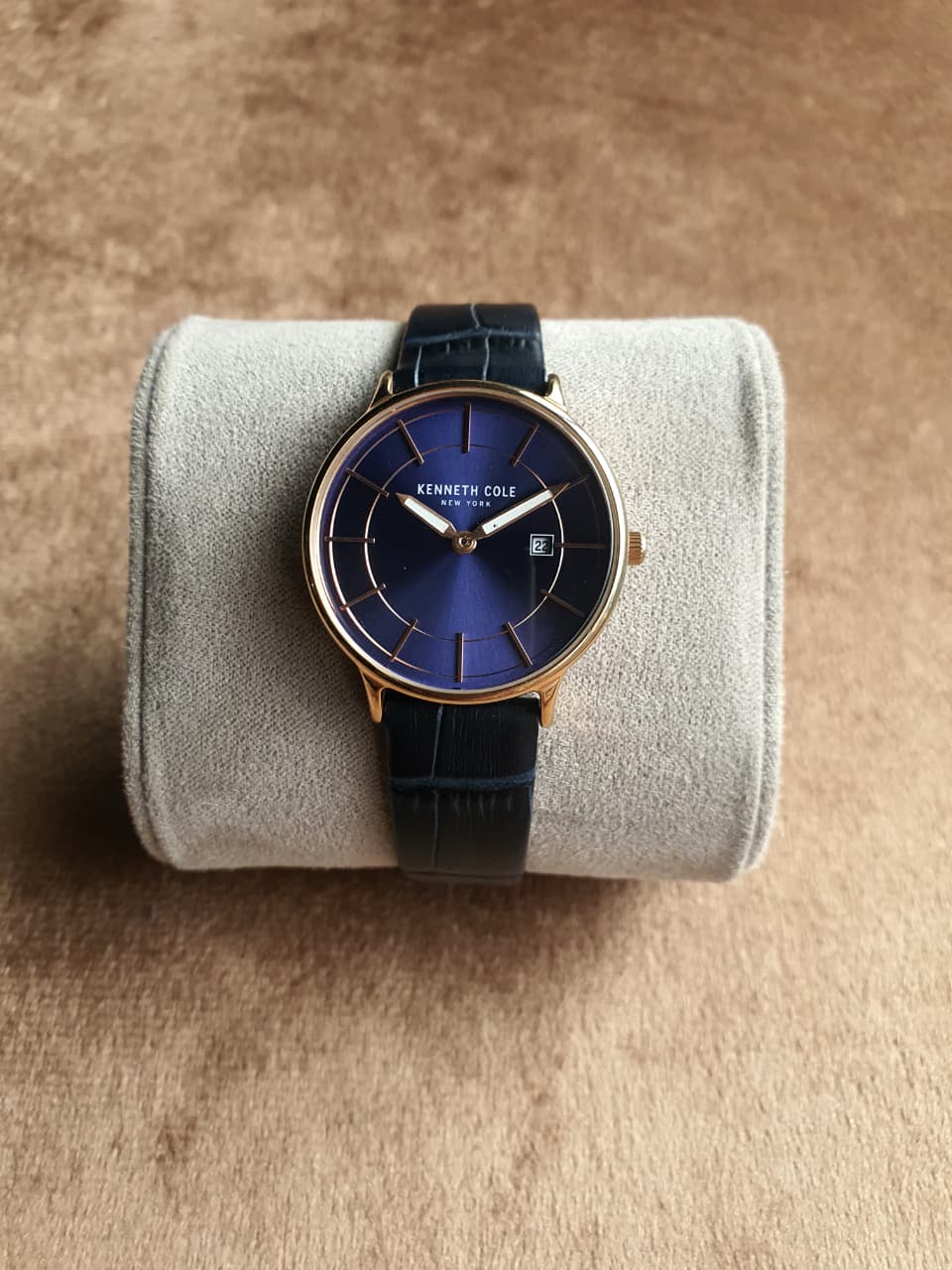 Kenneth Cole Women's Quartz Watch – 33mm Blue Dial, Gold-Tone Case & Blue Leather Strap