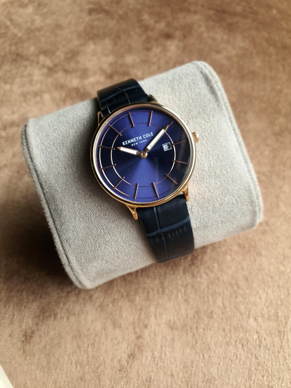 Kenneth Cole Women's Quartz Watch – 33mm Blue Dial, Gold-Tone Case & Blue Leather Strap