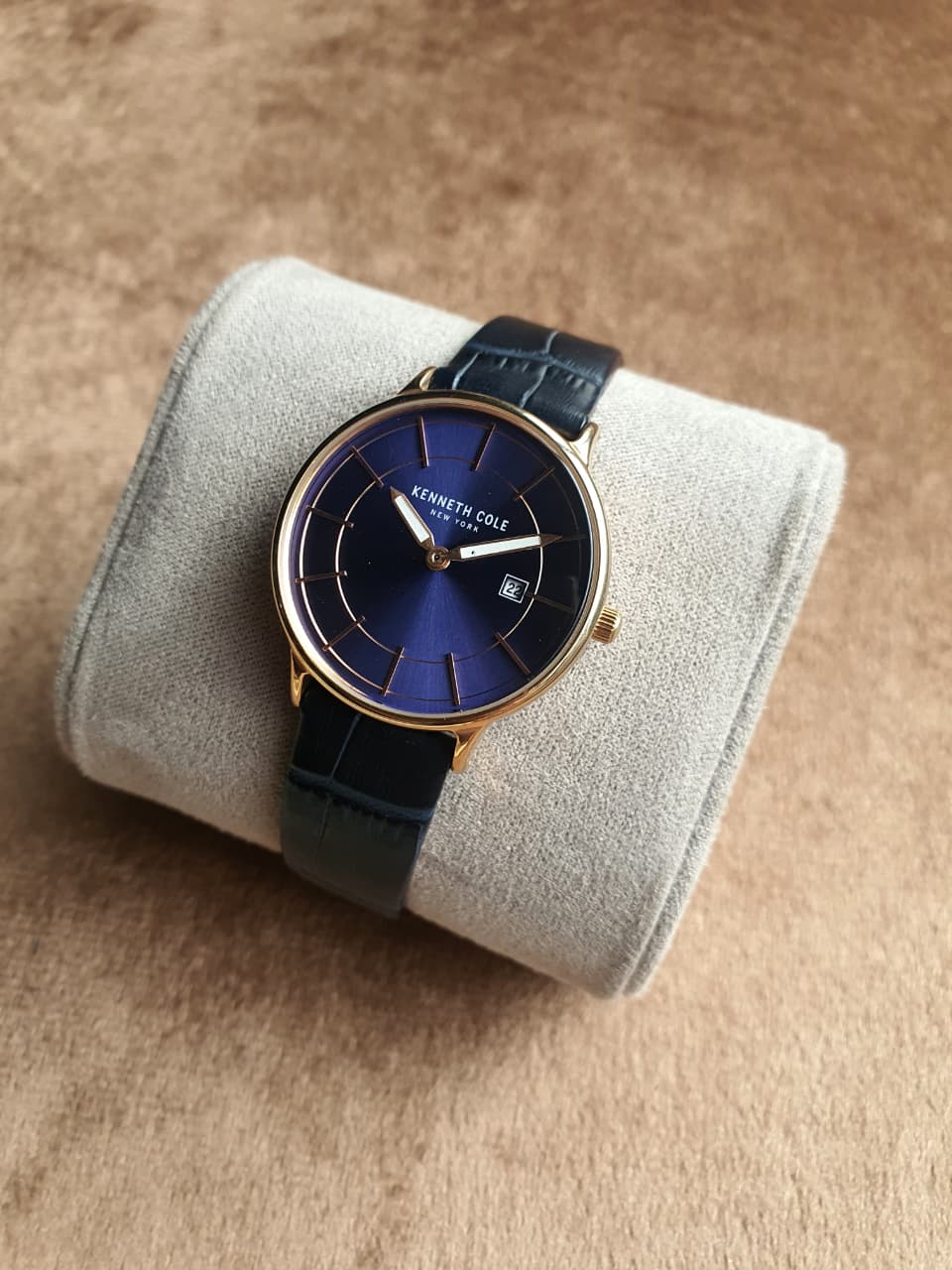 Kenneth Cole Women's Quartz Watch – 33mm Blue Dial, Gold-Tone Case & Blue Leather Strap