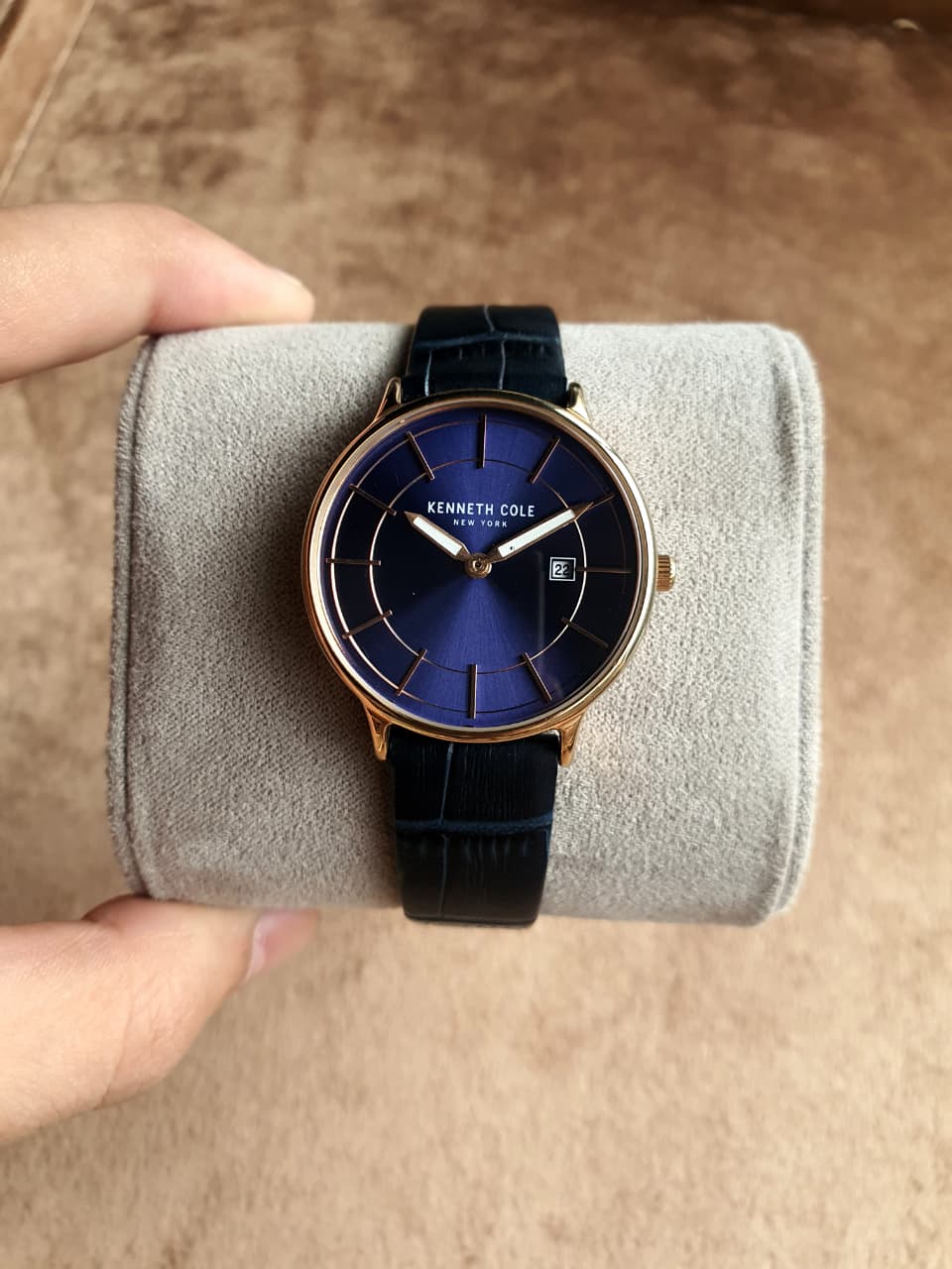 Kenneth Cole Women's Quartz Watch – 33mm Blue Dial, Gold-Tone Case & Blue Leather Strap