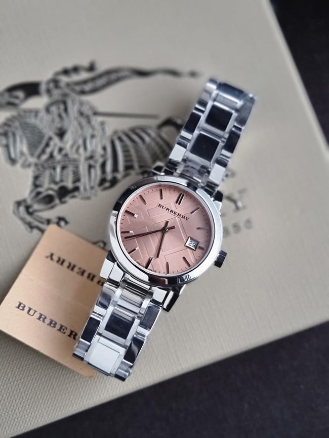 BURBERRY Pink Check Stamped Stainless Steel Ladies Watch BU9124 Hover Image