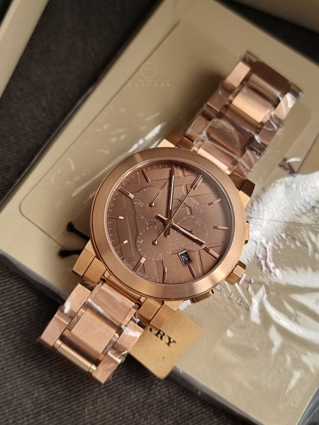 BURBERRY Taupe Chronograph Dial Rose Gold Plated Steel Men's Watch BU9353 Hover Image