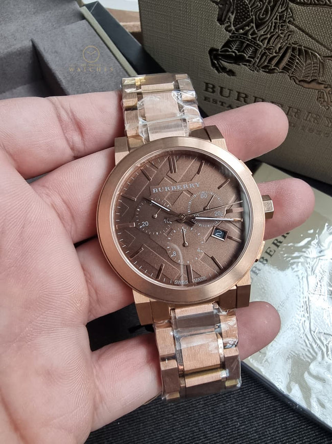 BURBERRY Taupe Chronograph Dial Rose Gold Plated Steel Men's Watch BU9353 Main Image