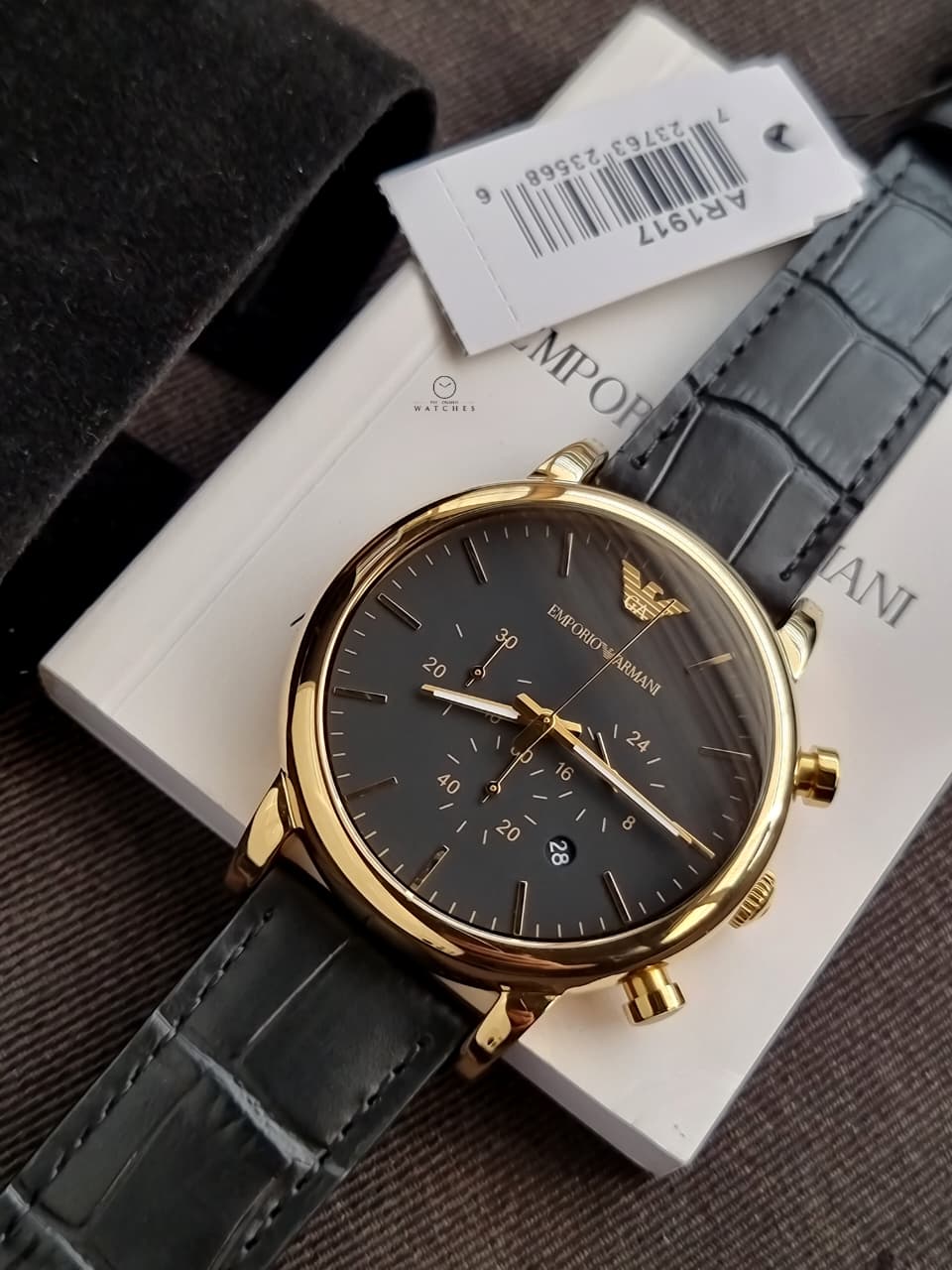 Emporio Armani Luigi Men's Chronograph Quartz Watch – 46mm Black Dial, Gold-Tone Case & Black Leather Strap – AR1917