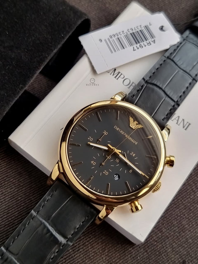 Emporio Armani Luigi Men's Chronograph Quartz Watch – 46mm Black Dial, Gold-Tone Case & Black Leather Strap – AR1917 Hover Image
