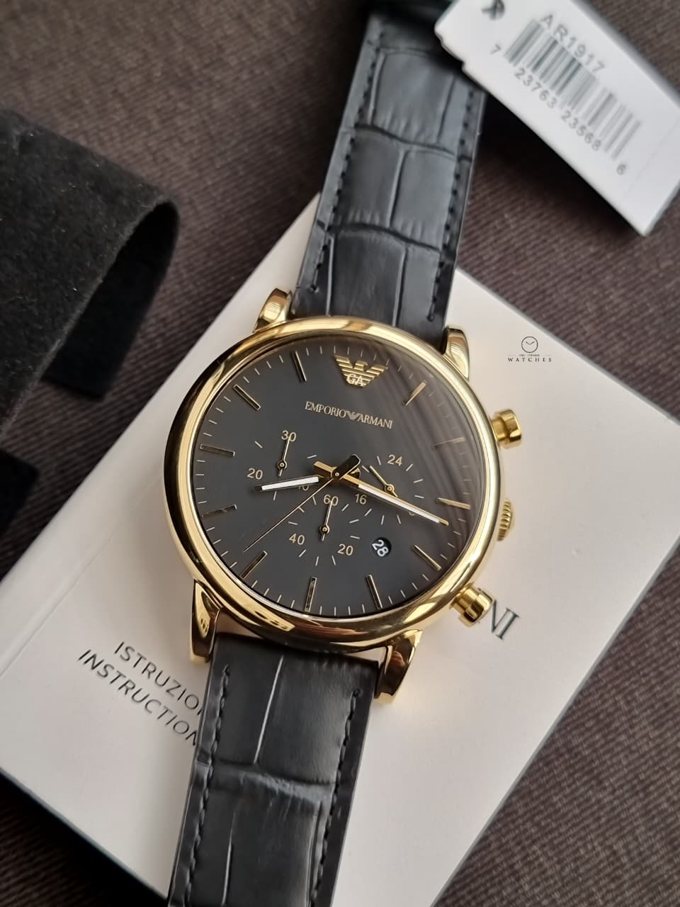 Emporio Armani Luigi Men's Chronograph Quartz Watch – 46mm Black Dial, Gold-Tone Case & Black Leather Strap – AR1917