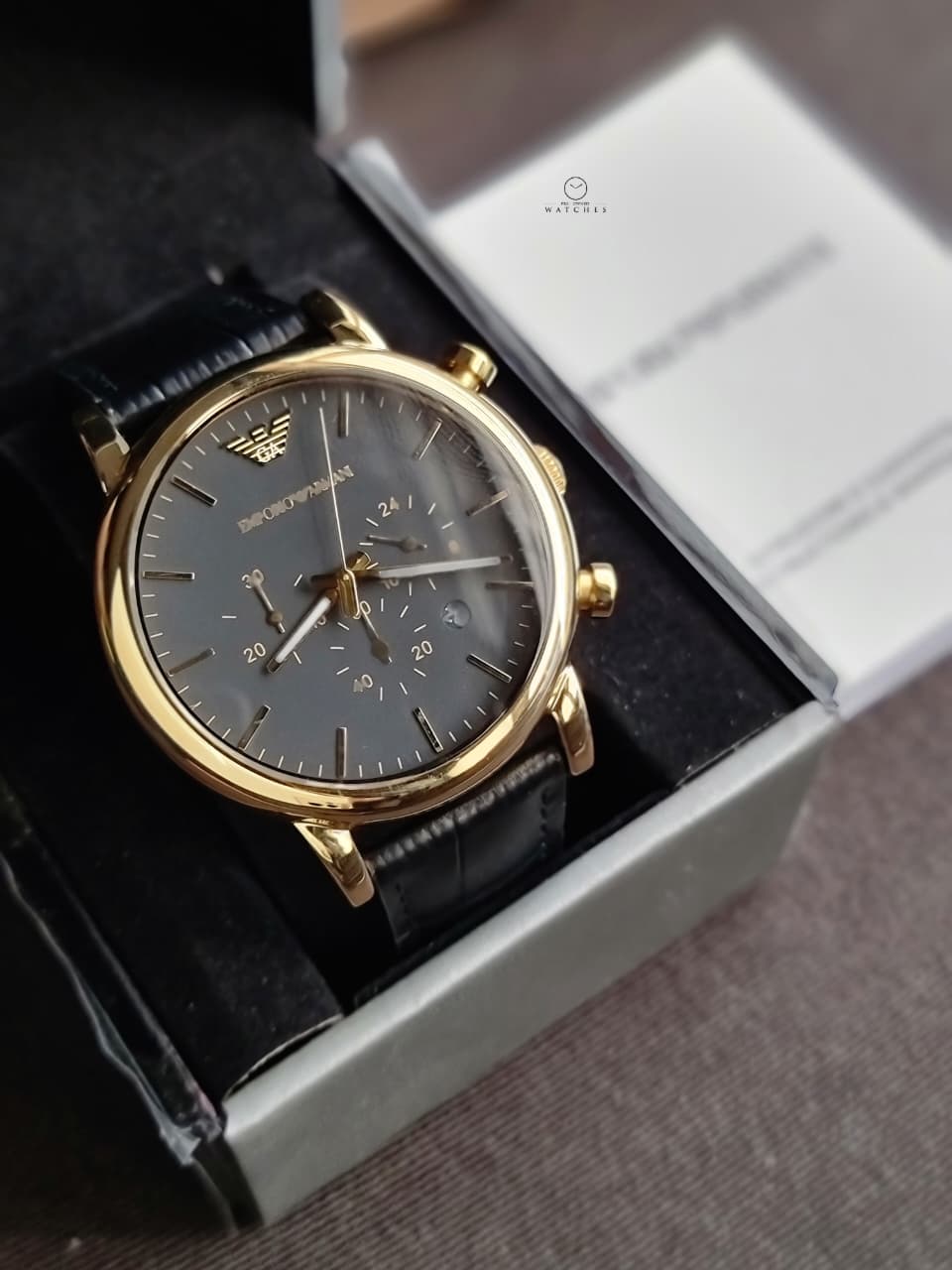 Emporio Armani Luigi Men's Chronograph Quartz Watch – 46mm Black Dial, Gold-Tone Case & Black Leather Strap – AR1917