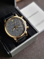 Emporio Armani Luigi Men's Chronograph Quartz Watch – 46mm Black Dial, Gold-Tone Case & Black Leather Strap – AR1917
