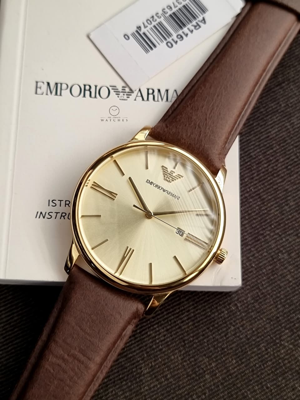 Emporio Armani Men's Quartz Watch – 42mm Gold Dial, Gold-Tone Stainless Steel Case & Brown Leather Strap – AR11610