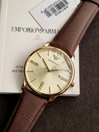 Emporio Armani Men's Quartz Watch – 42mm Gold Dial, Gold-Tone Stainless Steel Case & Brown Leather Strap – AR11610