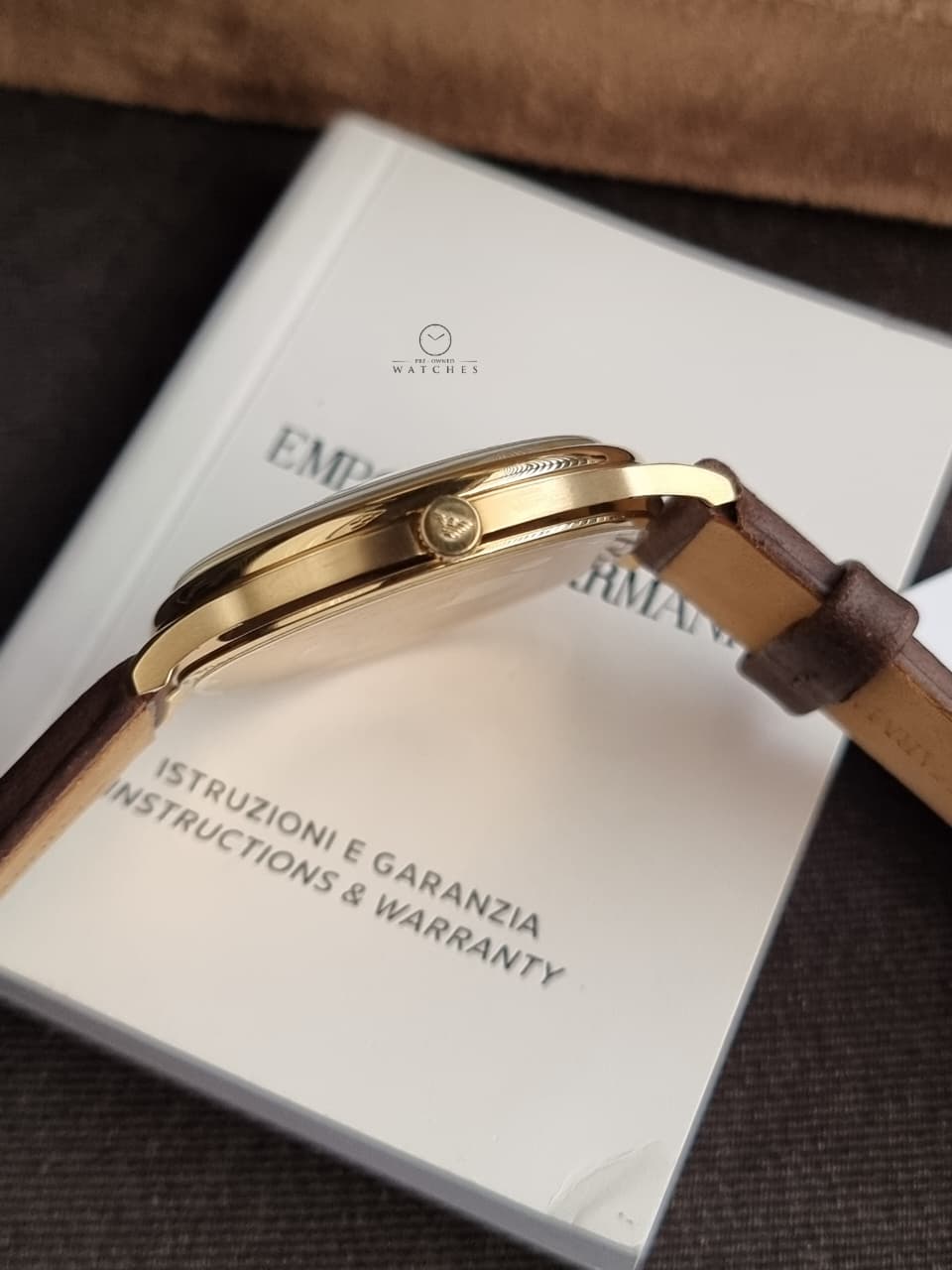 Emporio Armani Men's Quartz Watch – 42mm Gold Dial, Gold-Tone Stainless Steel Case & Brown Leather Strap – AR11610