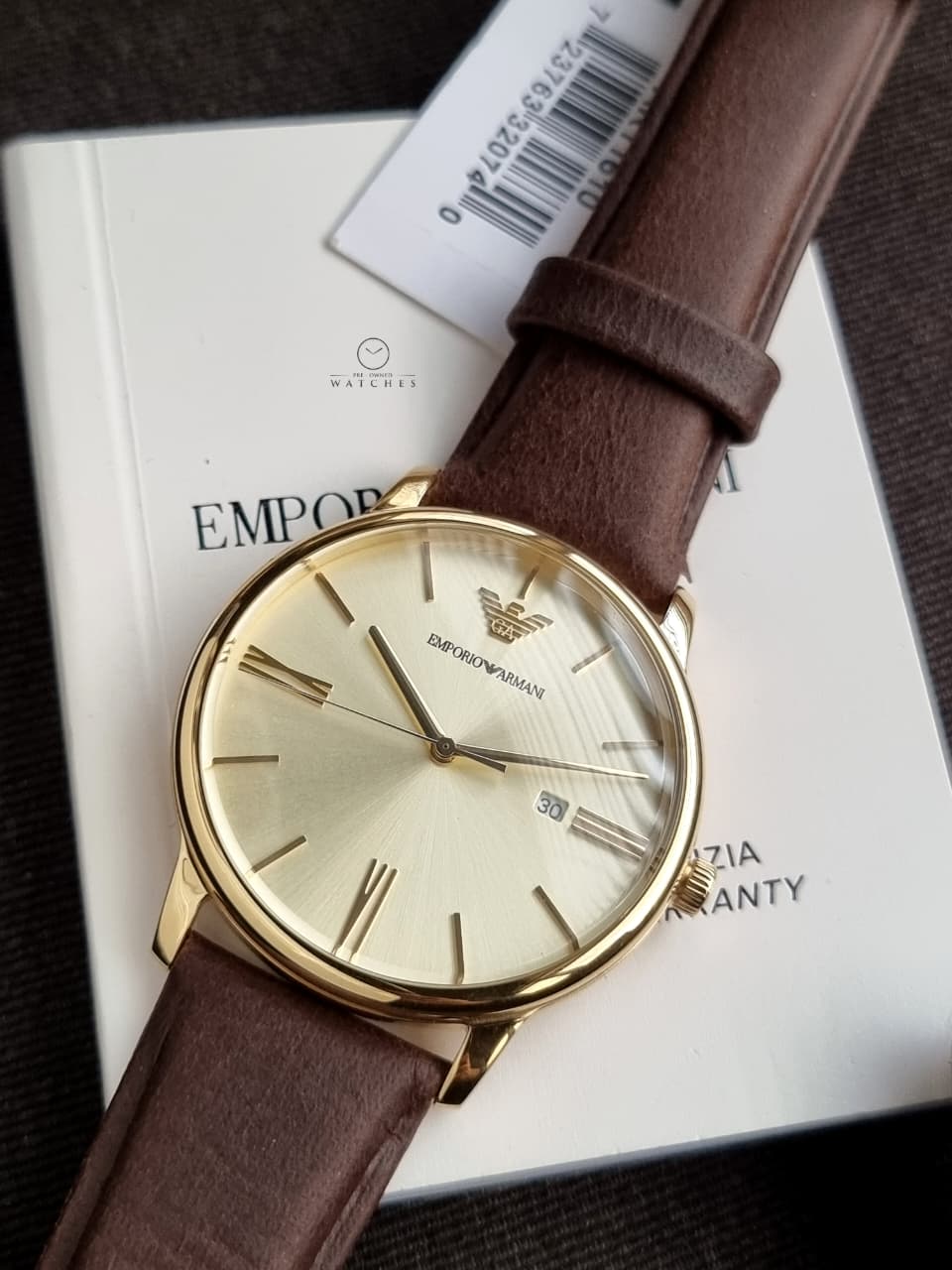 Emporio Armani Men's Quartz Watch – 42mm Gold Dial, Gold-Tone Stainless Steel Case & Brown Leather Strap – AR11610