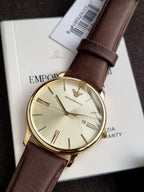 Emporio Armani Men's Quartz Watch – 42mm Gold Dial, Gold-Tone Stainless Steel Case & Brown Leather Strap – AR11610