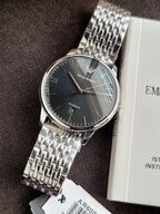 Emporio Armani Minimalist Men's Automatic Watch – 39mm Black Dial & Silver Stainless Steel Bracelet – AR60081