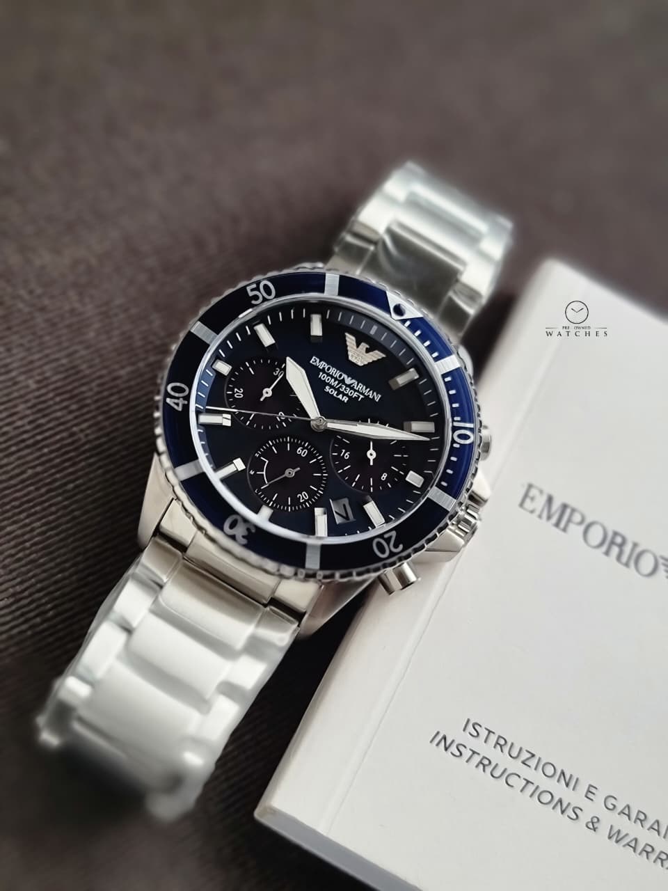 Emporio Armani World Explorer Men's Solar Chronograph Watch – 43.5mm Blue Dial, Silver Stainless Steel Bracelet – AR11681