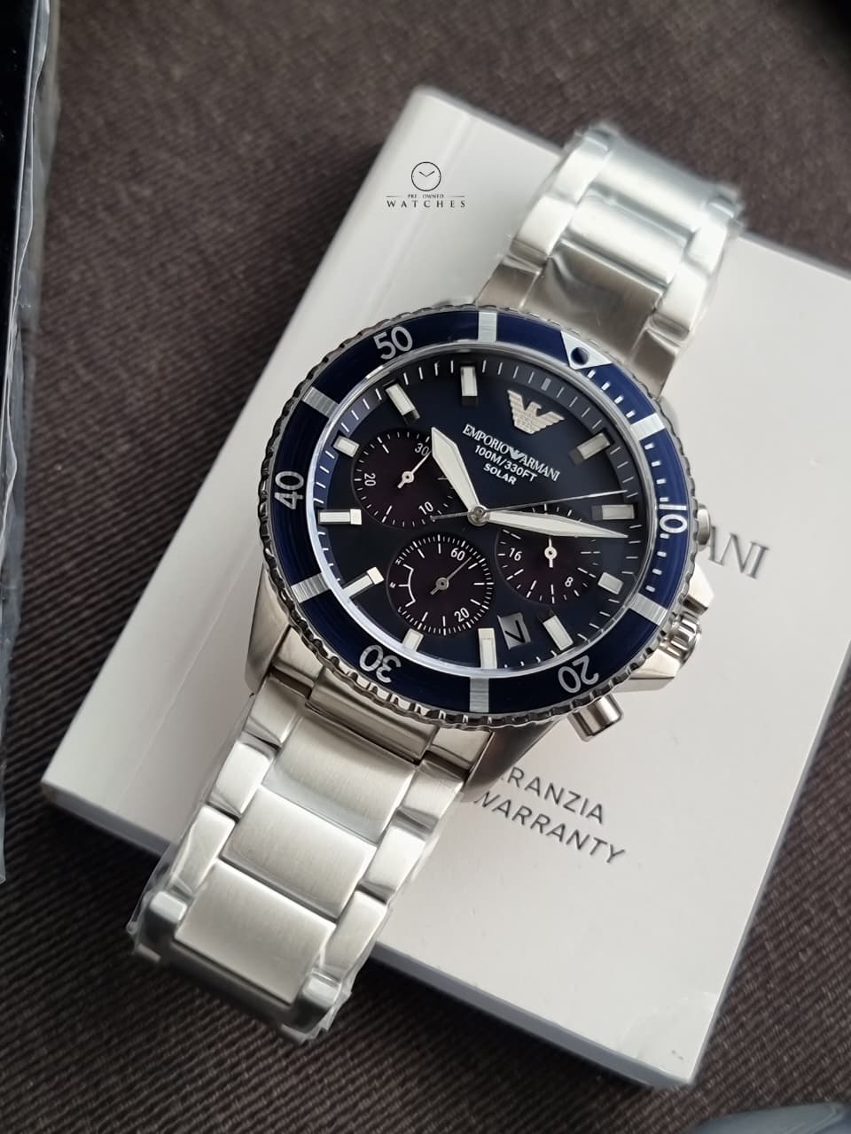 Emporio Armani World Explorer Men's Solar Chronograph Watch – 43.5mm Blue Dial, Silver Stainless Steel Bracelet – AR11681