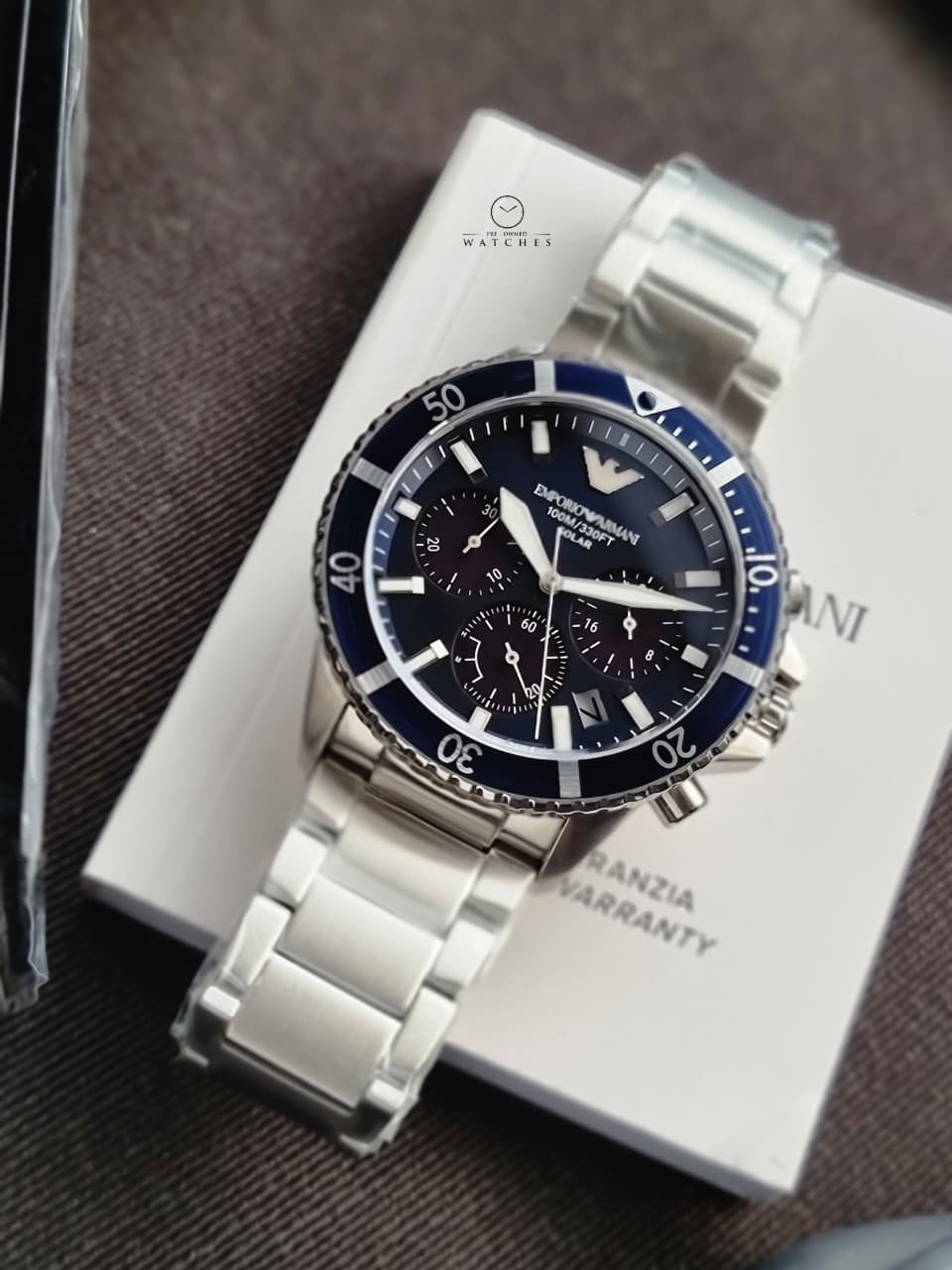 Emporio Armani World Explorer Men's Solar Chronograph Watch – 43.5mm Blue Dial, Silver Stainless Steel Bracelet – AR11681