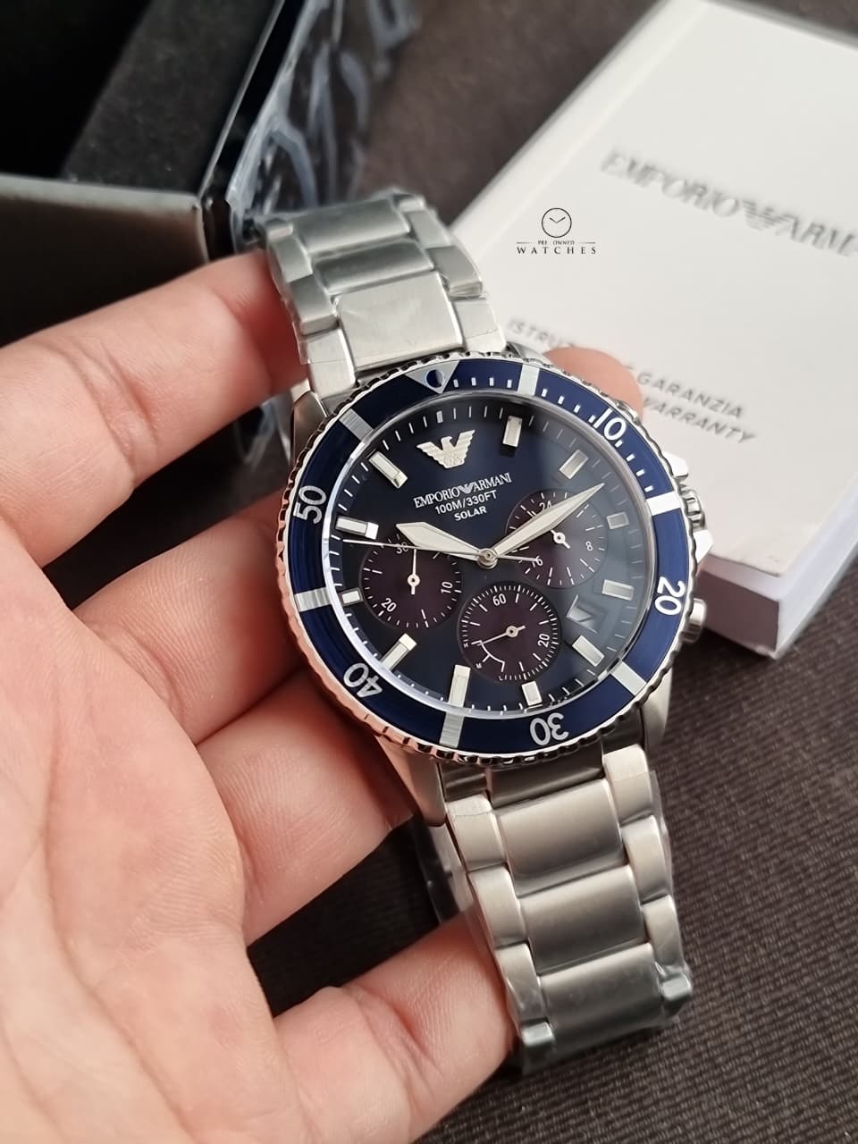 Emporio Armani World Explorer Men's Solar Chronograph Watch – 43.5mm Blue Dial, Silver Stainless Steel Bracelet – AR11681