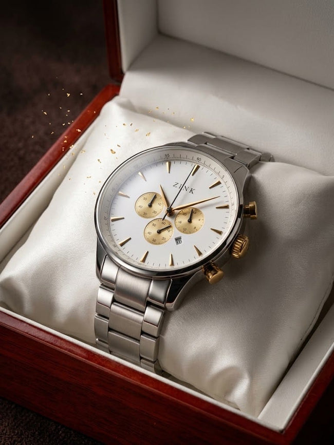 Zink Gents Watch Golden Chronograph White Dial  45mm Watch Hover Image