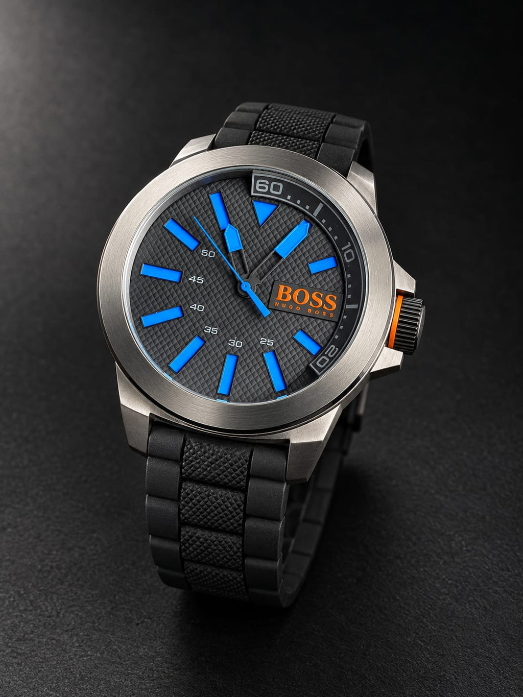 Hugo Boss Men's Quartz Watch – 50mm Black Dial, Stainless Steel Case & Black Rubber Strap