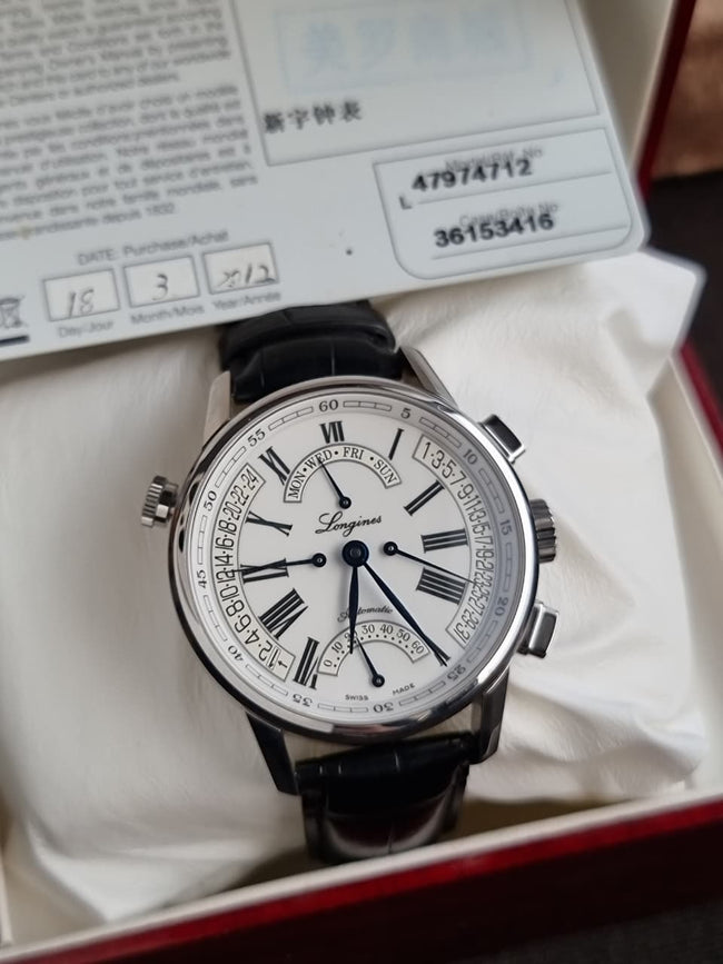 Longines Heritage Retrograde Men's Automatic Watch – 41mm White Roman Numeral Dial & Black Alligator Leather Strap – L4.797.4.71.2 Hover Image