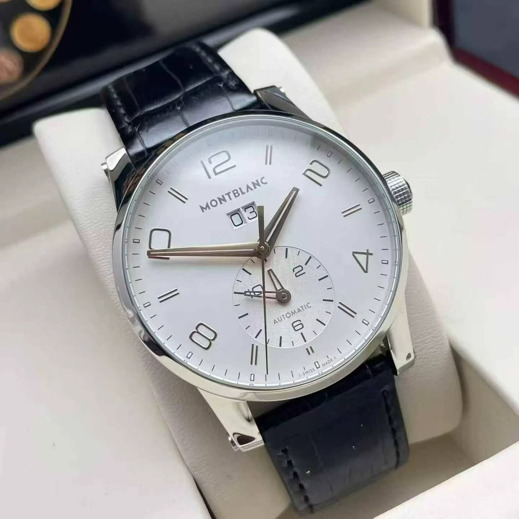 Montblanc TimeWalker Men's Automatic Watch – 39mm White Dial, Stainless Steel Case & Black Leather Strap – 110579