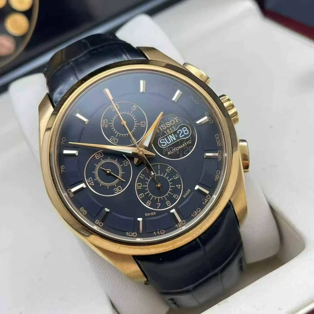 Tissot Couturier Men's Automatic Chronograph Watch – 43mm Black Dial, Rose Gold-Tone Case & Black Leather Strap – T035.614.36.051.01