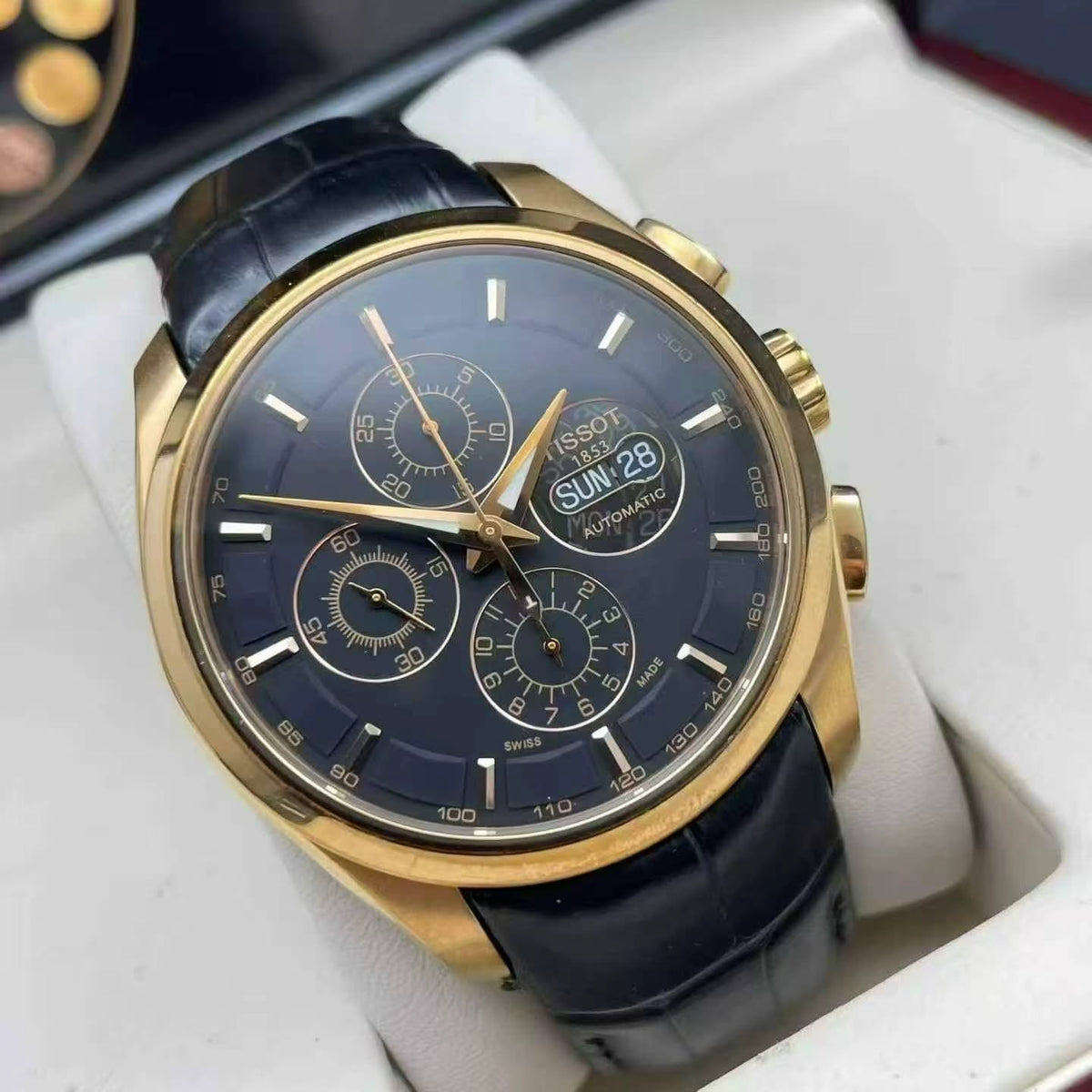 Tissot Couturier Men's Automatic Chronograph Watch – 43mm Black Dial, Rose Gold-Tone Case & Black Leather Strap – T035.614.36.051.01