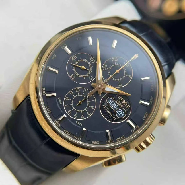 Tissot Couturier Men's Automatic Chronograph Watch – 43mm Black Dial, Rose Gold-Tone Case & Black Leather Strap – T035.614.36.051.01 Main Image
