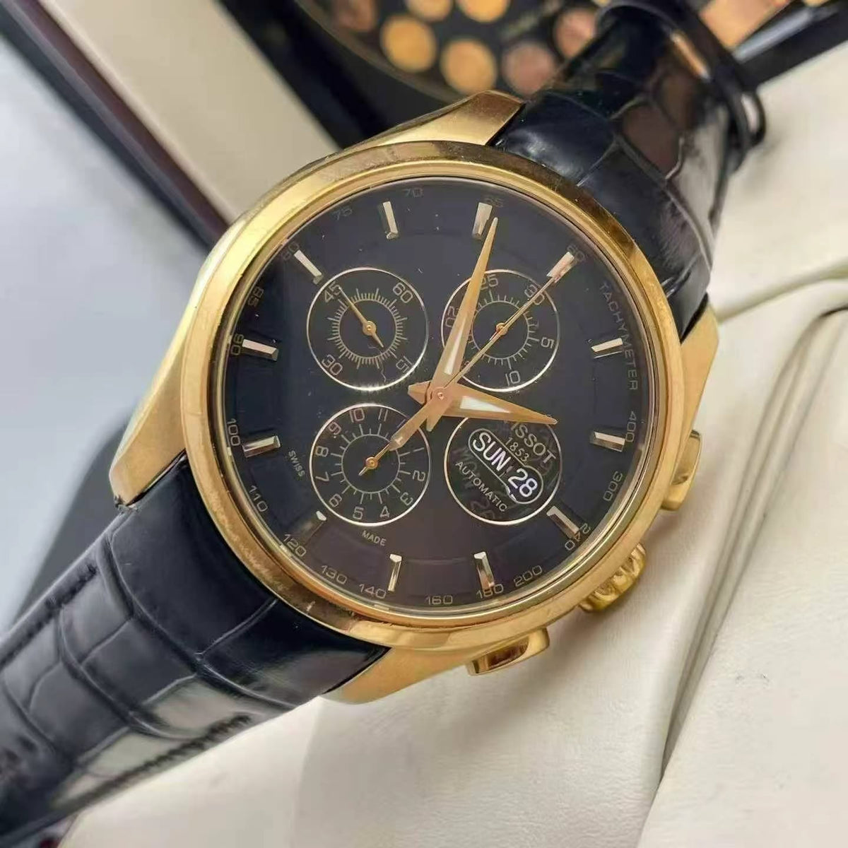 Tissot Couturier Men's Automatic Chronograph Watch – 43mm Black Dial, Rose Gold-Tone Case & Black Leather Strap – T035.614.36.051.01