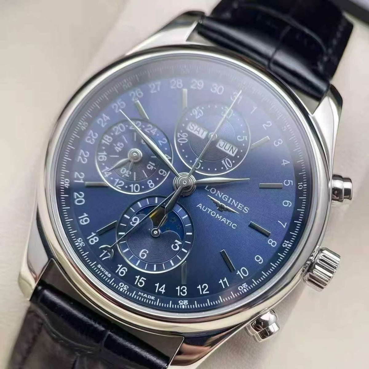 Longines Master Collection Men's Automatic Chronograph Moonphase Watch – 40mm Blue Dial & Blue Alligator Leather Strap – L2.673.4.92.0